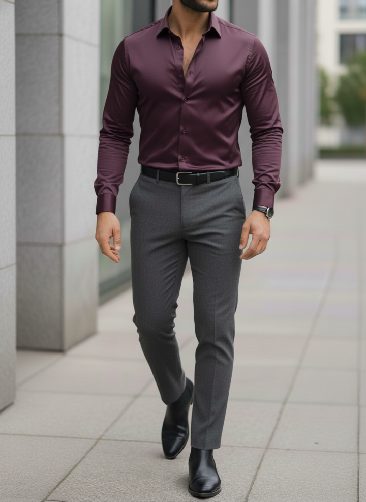 Party Wear Shirt Dark Purple and 4 Way Lycra Pant