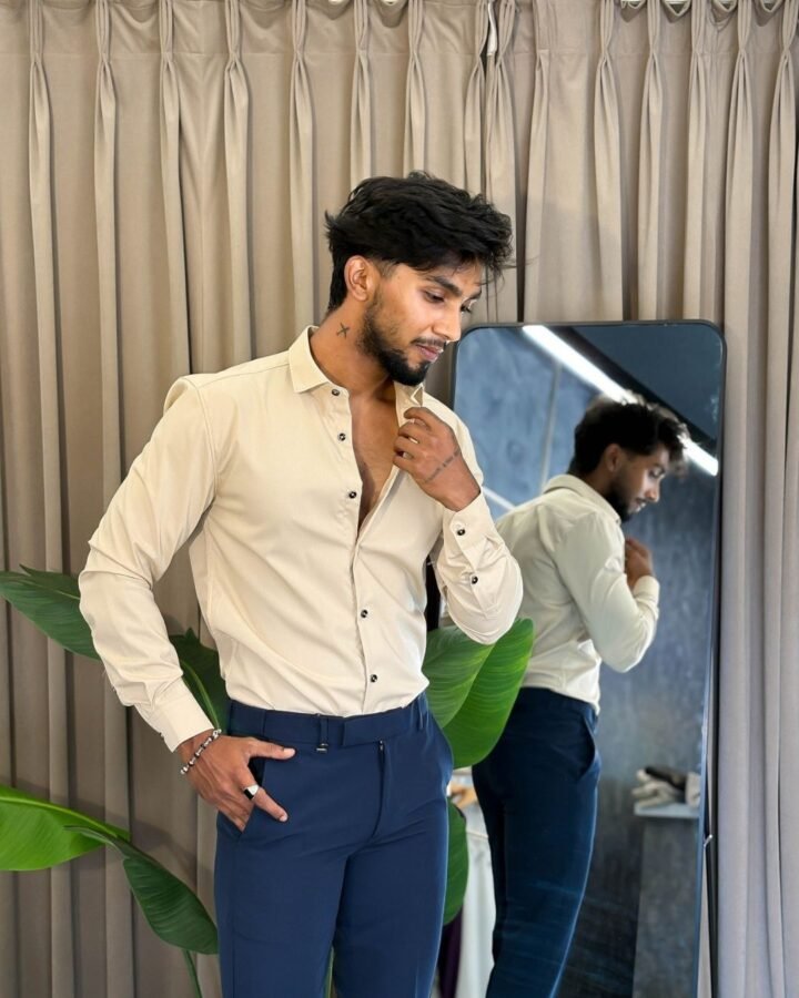 Cream Shirt And Blue Trouser