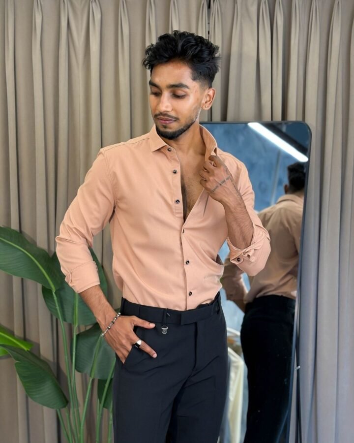 Gray Orange Shirt And Dark Blue Trouser