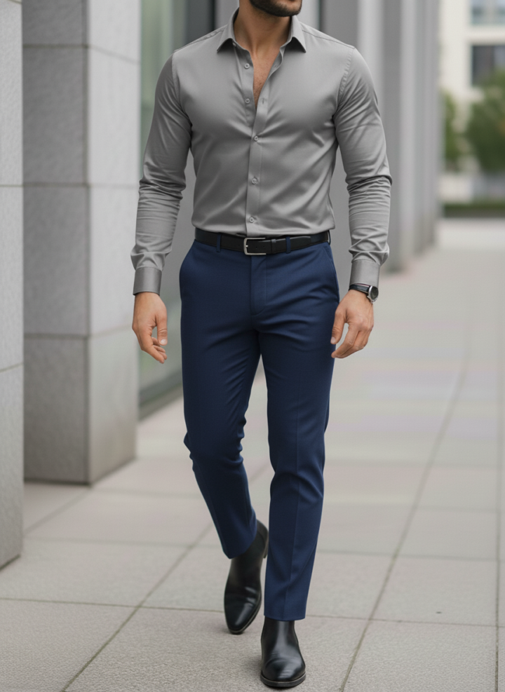 Grey Shirt And Dark Blue Trouser