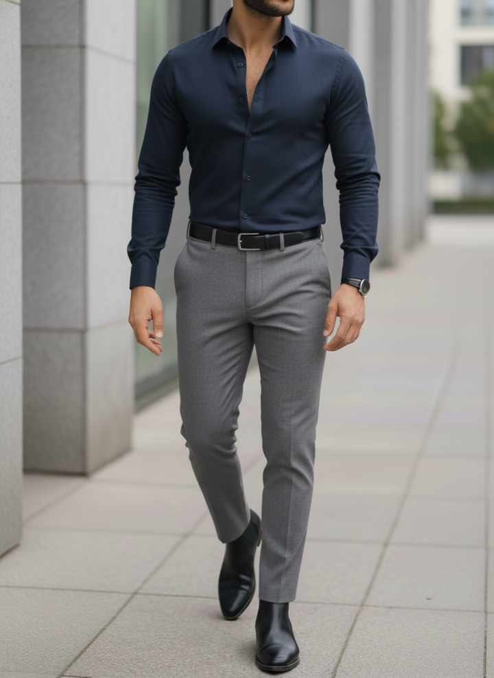 Blue Shirt And Grey Trouser