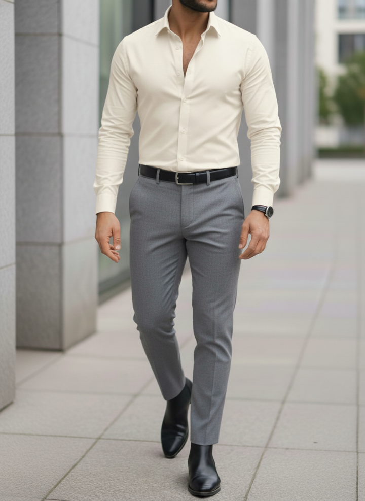 Cream Shirt And Grey Trouser
