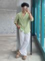 Green Linen Shirt & White Linen Relaxed Fit Pant