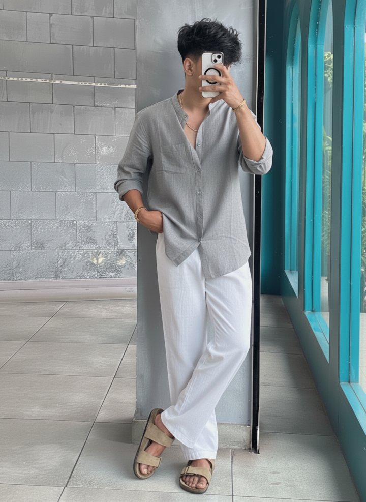 Grey Linen Shirt & White Linen Relaxed Fit Pant