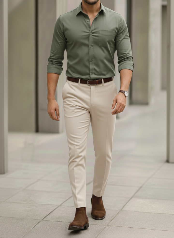 Grey Shirt And Cream Trouser