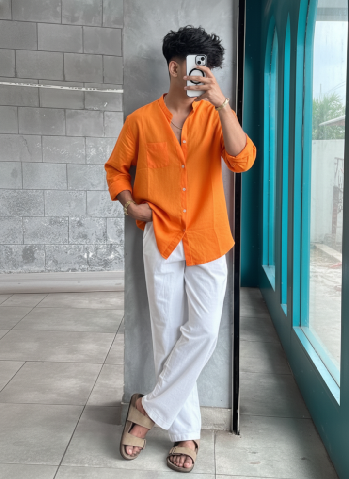 Orange Linen Shirt & White Linen Relaxed Fit Pant