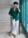 Peacock Green Linen Shirt & White Linen Relaxed Fit Pant