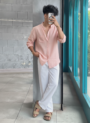 Pink Linen Shirt & White Linen Relaxed Fit Pant