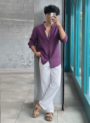 Purple Linen Shirt & White Linen Relaxed Fit Pant