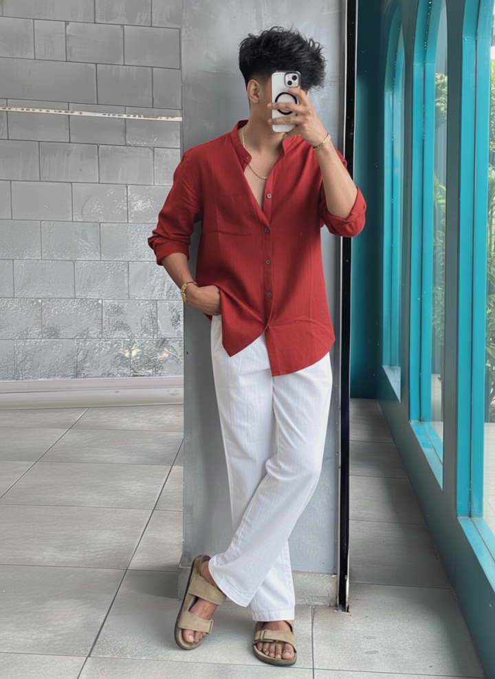 Red Linen Shirt & White Linen Relaxed Fit Pant