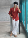 Red Linen Shirt & White Linen Relaxed Fit Pant