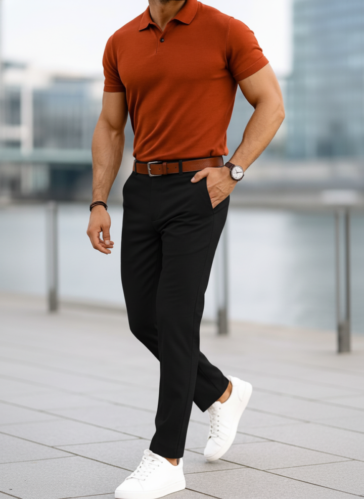 Rust Polo T-Shirt And Grey Trouser