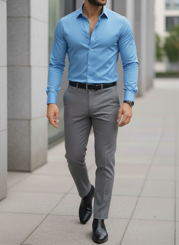 Sky Blue Shirt And Grey Trouser
