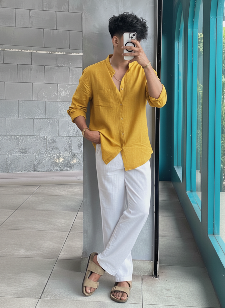Yellow Linen Shirt & White Linen Relaxed Fit Pant