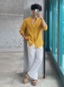 Yellow Linen Shirt & White Linen Relaxed Fit Pant