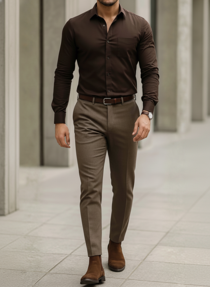Dark Brown Shirt And Light Brown Trouser