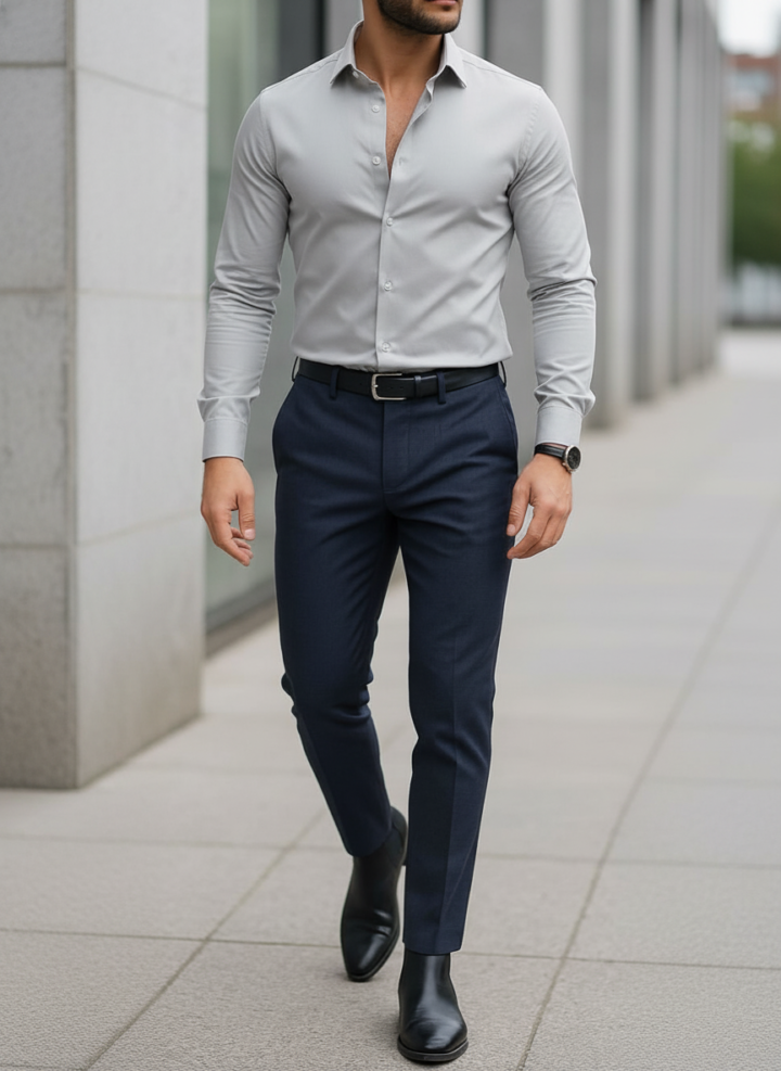 Grey Shirt & Dark Blue Trouser