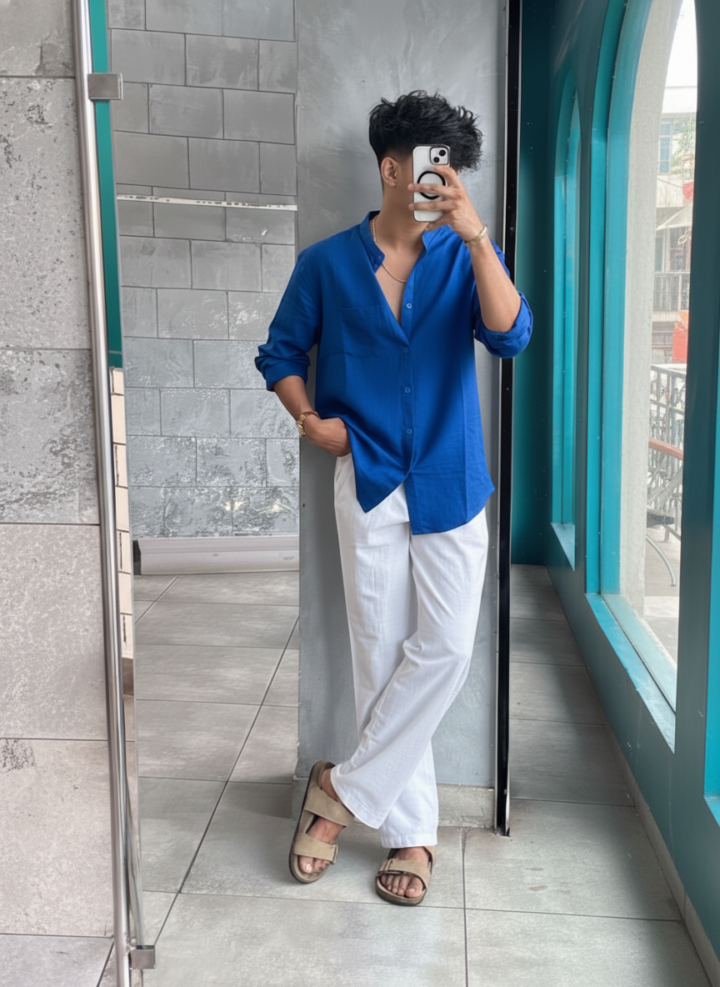 Royal Blue Linen Shirt & White Linen Relaxed Fit Pant