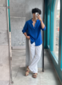Royal Blue Linen Shirt & White Linen Relaxed Fit Pant